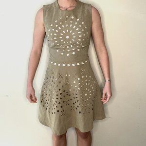 Tan/ Pure Sage Laser cutout 100% Polyester Flair Dress in a Small
